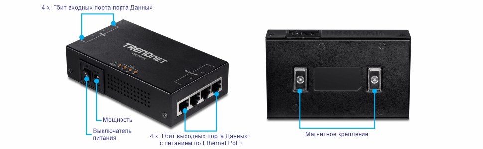 Несколько видов 4-портового гигабитного инжектора PoE+ мощностью 65 Вт. Вид под левым углом фронта помечен четырьмя гигабитными портами данных, переключателем включения/выключения, портом питания и четырьмя выходными портами Gigabit Data + PoE+. На правом снимке показана нижняя часть устройства, помеченная магнитным креплением.